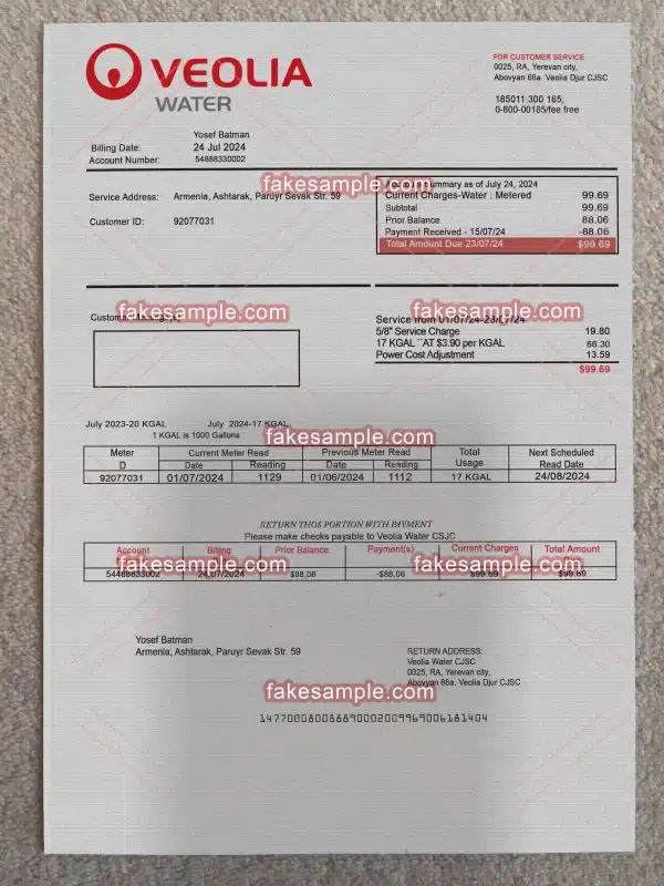 Armenia Utility Bill Fake Template