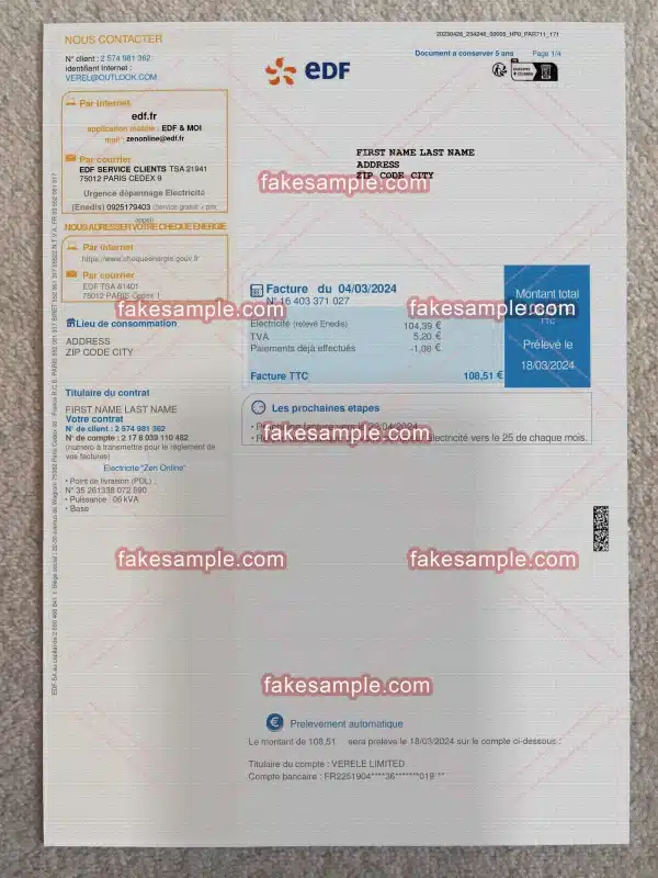 France Proof Address Fake Template