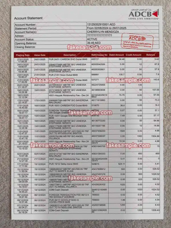 Emirates (UAE) Bank Statement Fake Template