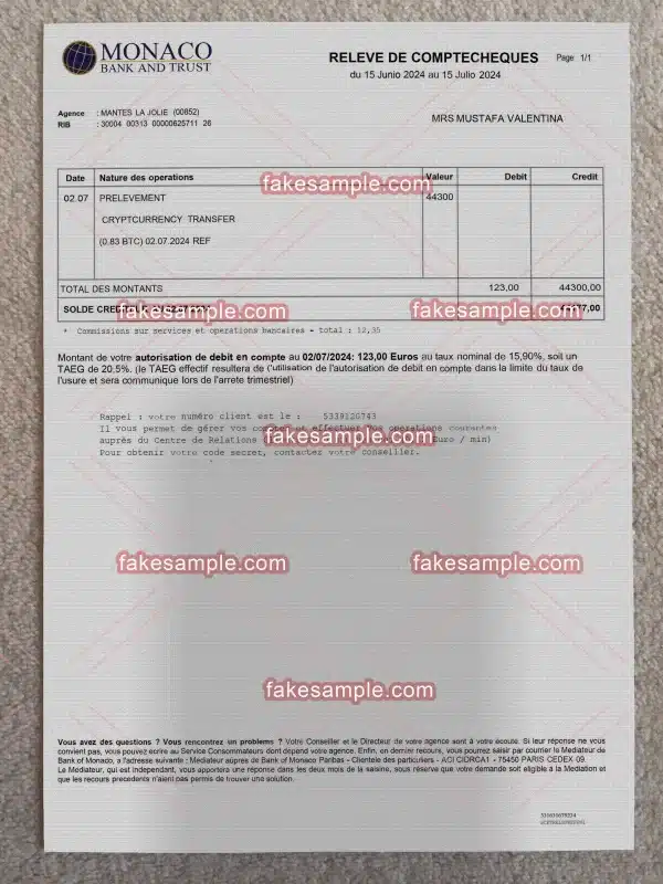 Monaco Bank Statement Fake Template