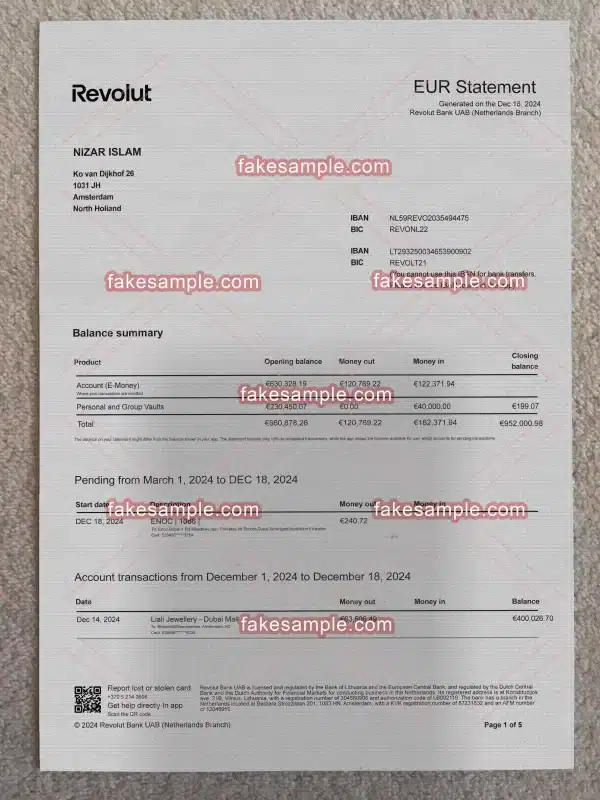 Netherlands Bank Statement Fake Template