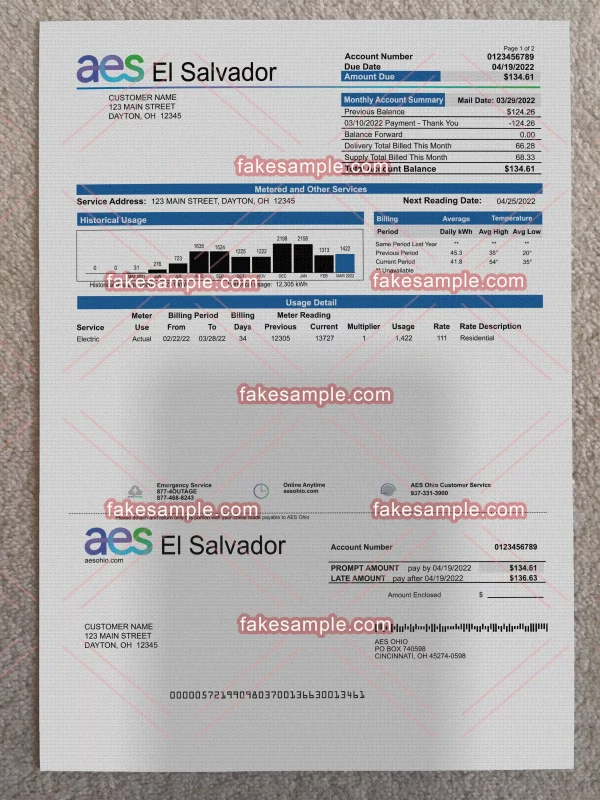 El Salvador Utility Bill Fake Template