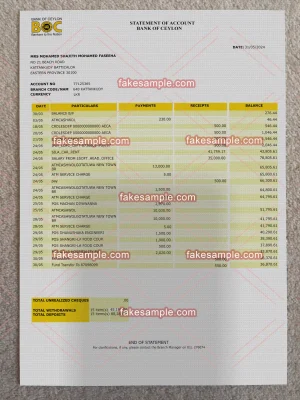 Sri Lanka Bank Statement Fake Template