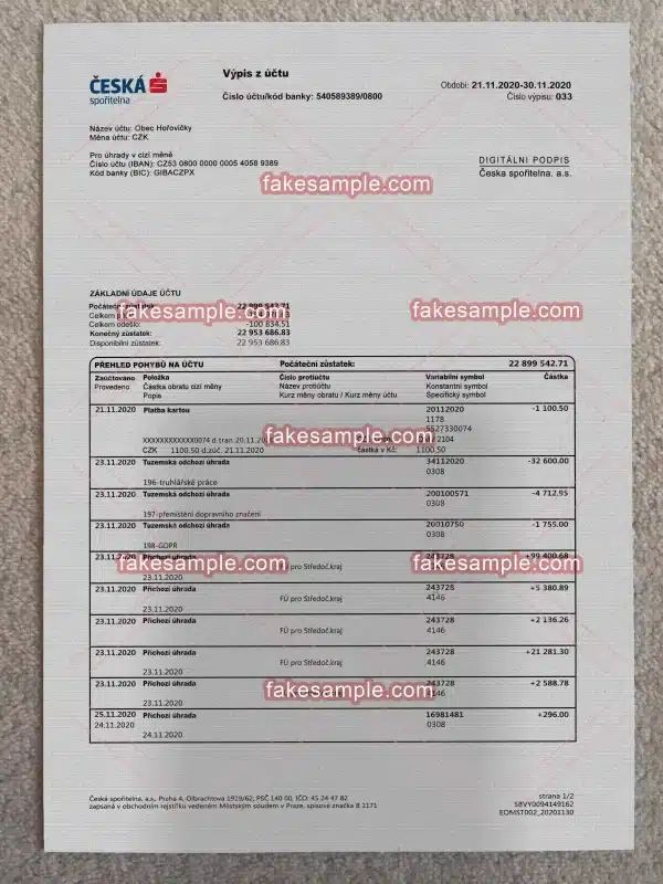 Czechia Bank Statement Fake Template