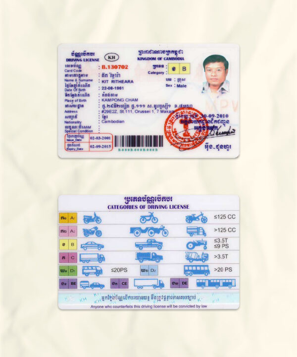 Cambodia driver license psd fake template