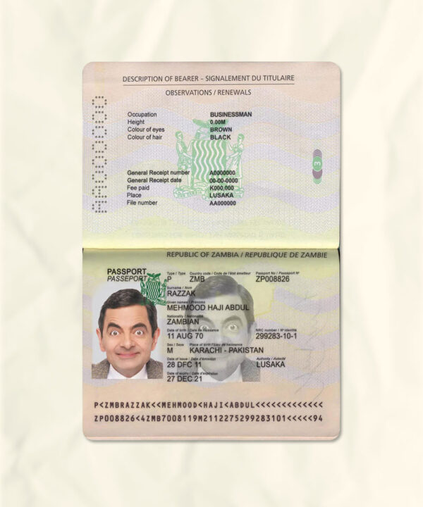 Zambia passport fake template