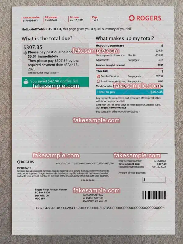 Canada Utility Bill Fake Template