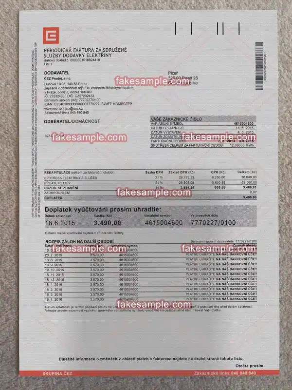 Czechia Utility Bill Fake Template