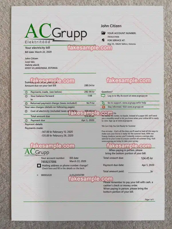 Estonia Utility Bill Fake Template