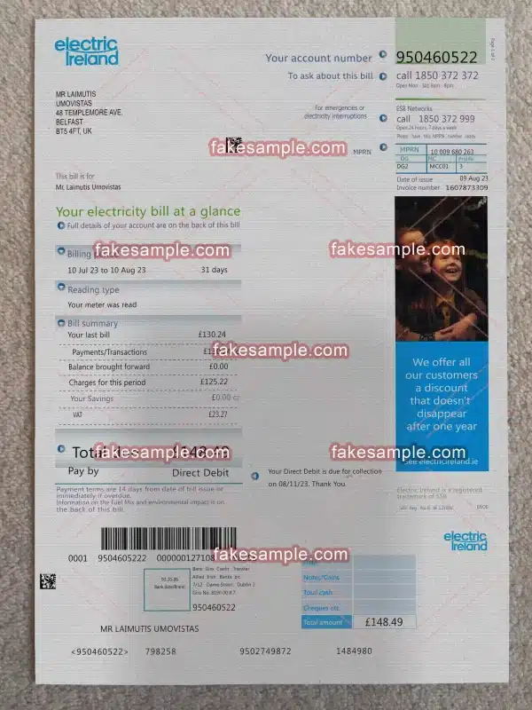 Ireland Utility Bill Fake Template