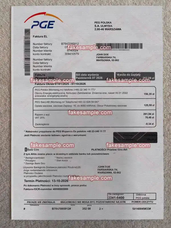 Poland Utility Bill Fake Template