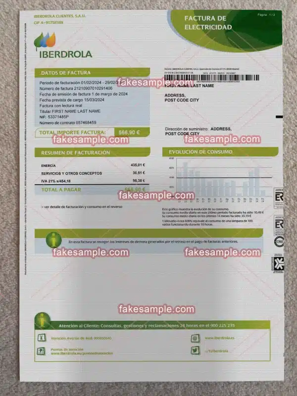 Spain Utility Bill Fake Template