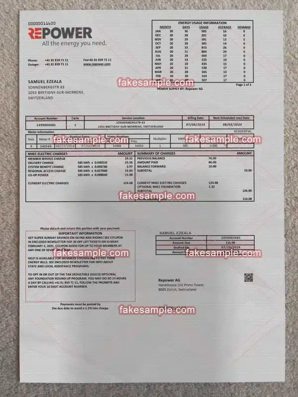 Switzerland Utility Bill Fake Template