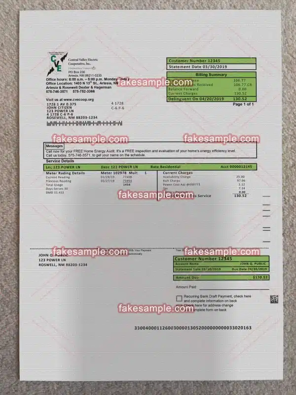 New Mexico Utility Bill Fake Template