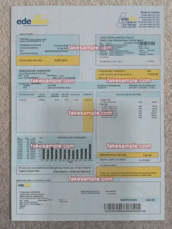 Dominican Utility Bill Fake Template