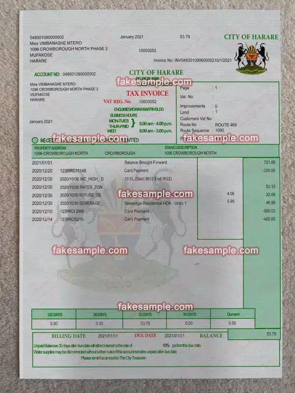 Zimbabwe Utility Bill Fake Template