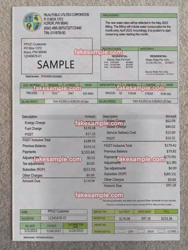 Palau Utility Bill (New Version) Fake Template