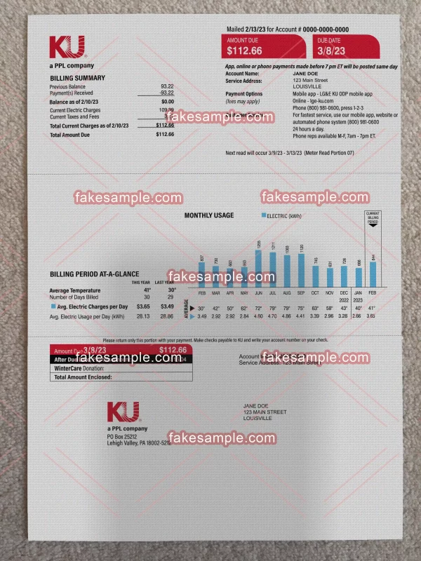 Kentucky Utility Bill Fake Template