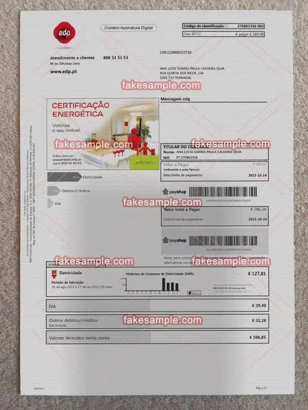 Portugal Utility Bill Fake Template