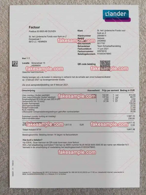 Netherlands Utility Bill Fake Template