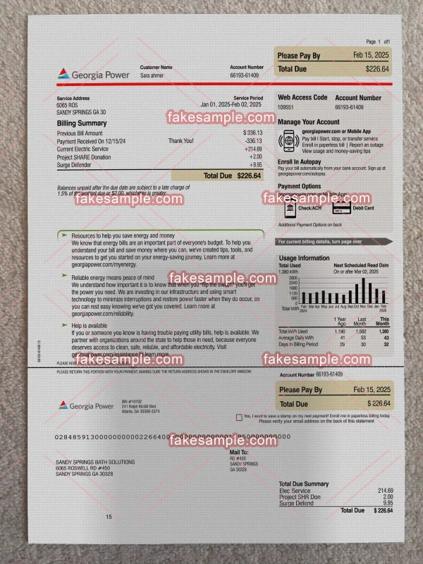 Georgia (USA State) Proof Address Fake Template