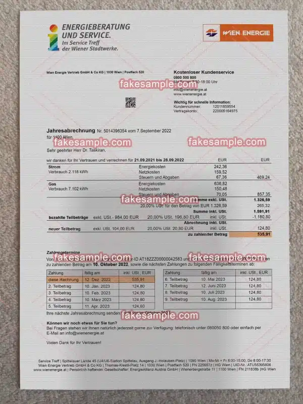 Austria Utility Bill Fake Template