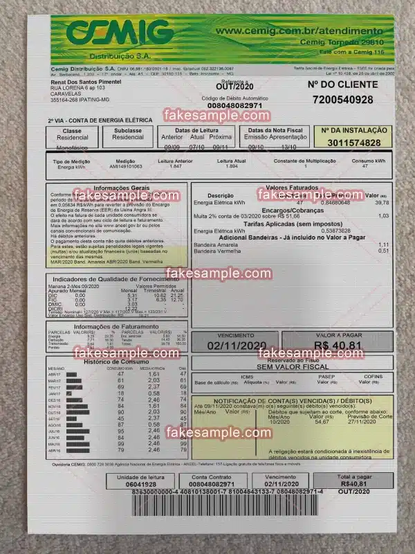 Brazil [Cemig] Electricity Utility bill Fake Template