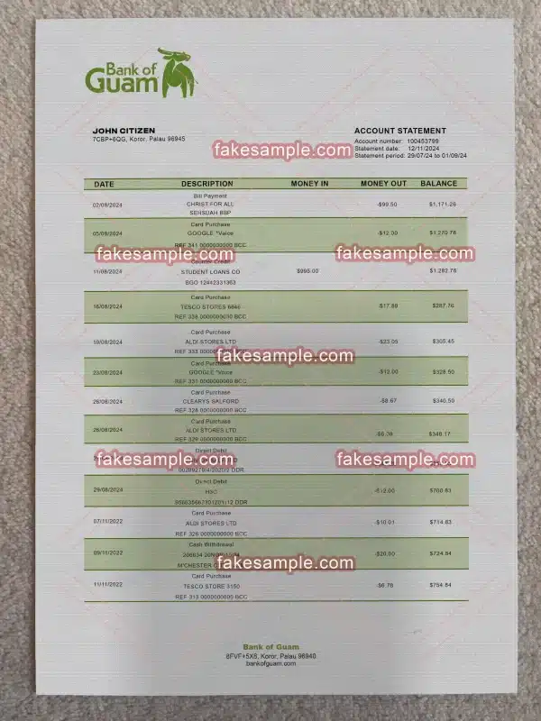 Palau Guam Bank Statement Fake Template