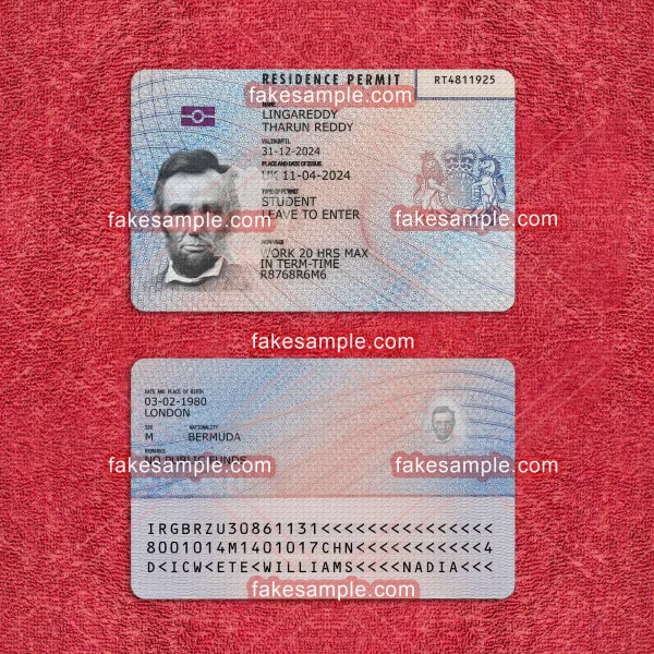 United Kingdom Residence Card Fake Template