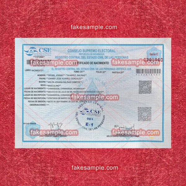 Nicaragua Birth Certificate Fake Template