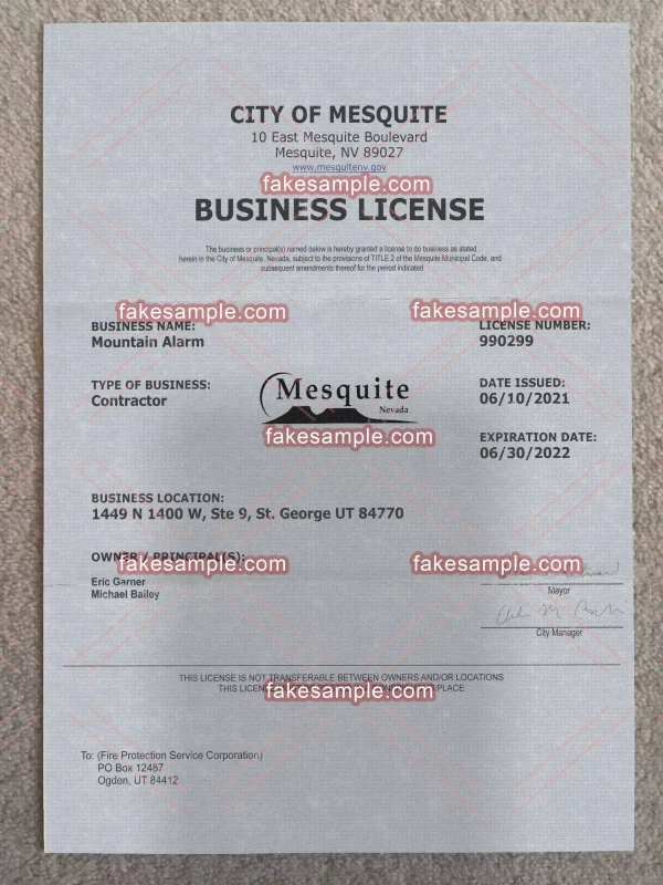 United States of America (USA) Business Licenses & Permits Fake Template