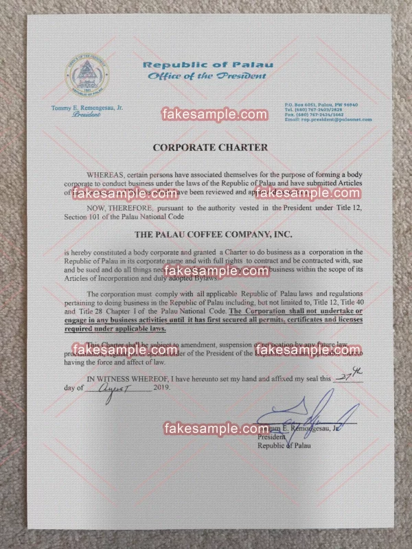 Palau Company registration certificate Fake Template