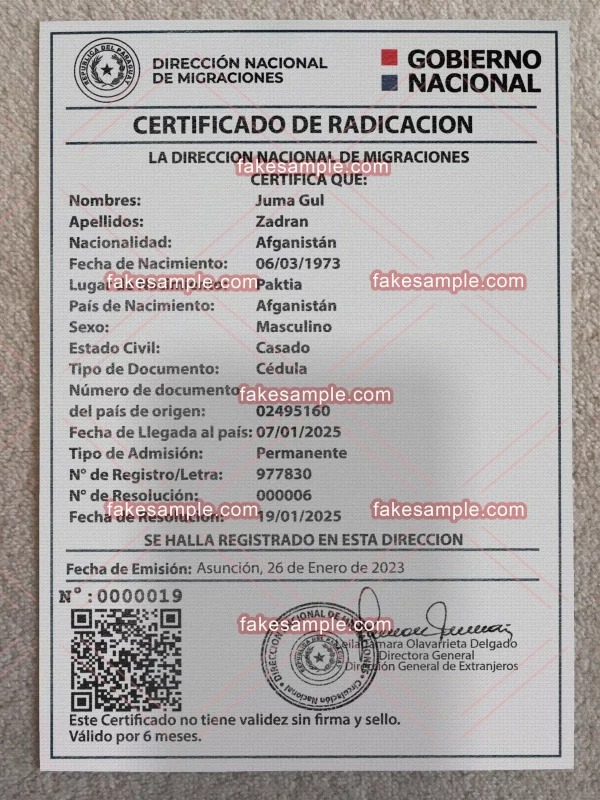 Paraguay Residence Card Fake Template