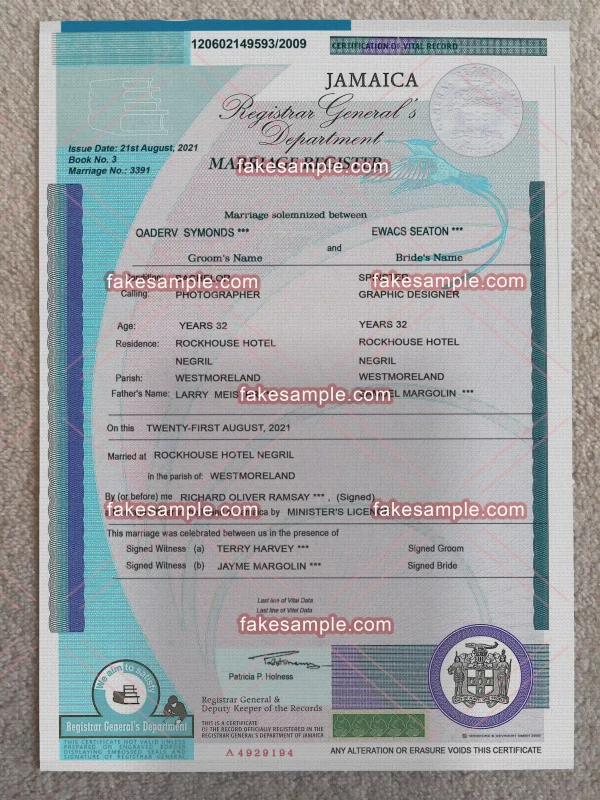 Jamaica Marriage certificate Fake Template