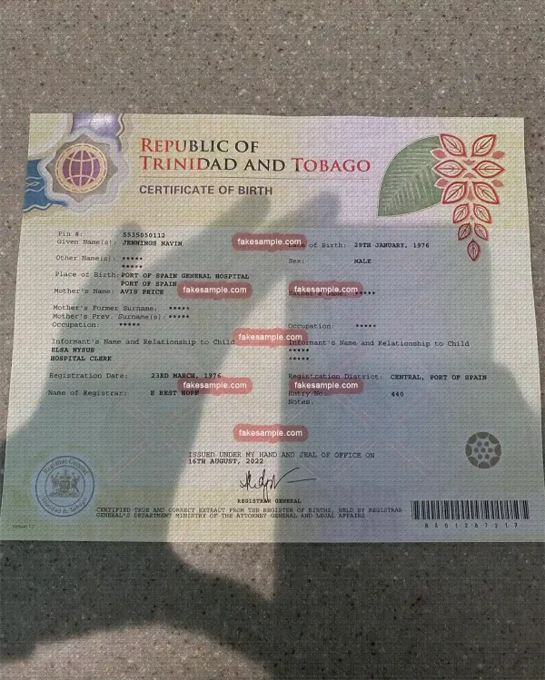 birth certificate from Trinidad and Tobago