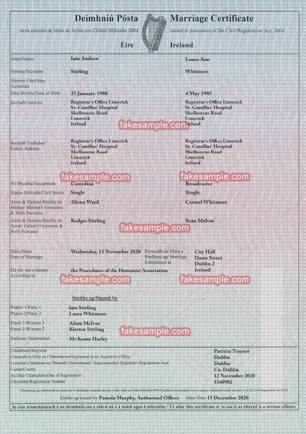 Ireland  Birth Certificate Fake Template