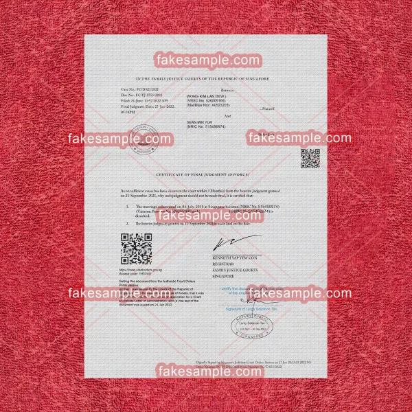 Singapore Divorce Decree & Certificate Fake Template