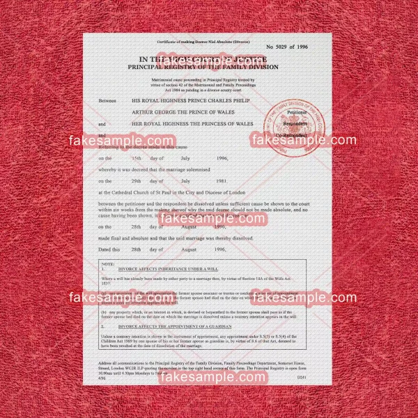 United Kingdom (UK) Divorce Decree & Certificate Fake Template