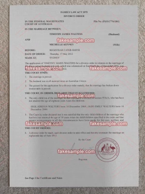 Australia Divorce Decree & Certificate Fake Template