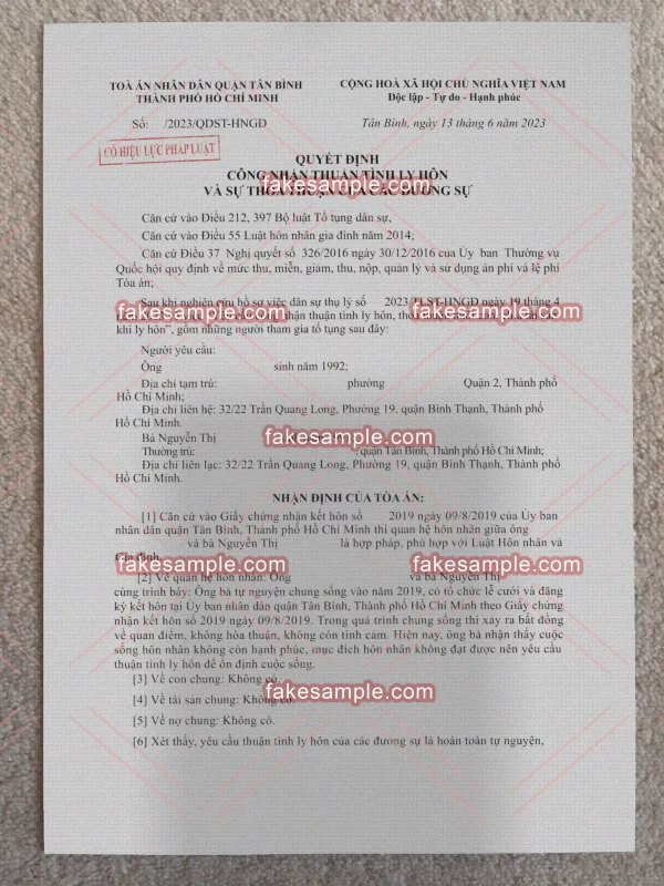 Vietnam Divorce Decree & Certificate Fake Template