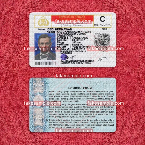 Indonesia Driver Licence (Version 1) Fake Template