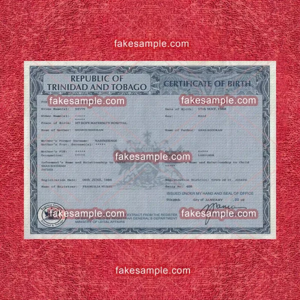 Trinidad and Tobago Birth Certificate (Version 2) Fake Template