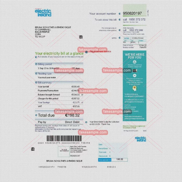 Ireland electricity Utility Bill Fake Template (electric ireland)