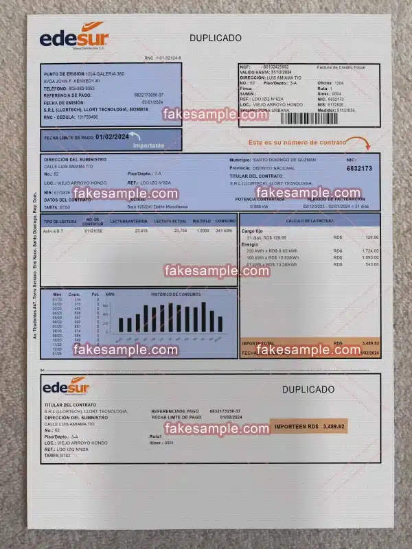 Dominican (Version 1) Utility Bill Fake Template