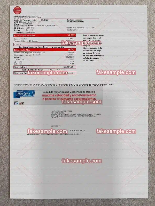 Dominican (Version 2) Utility Bill Fake Template