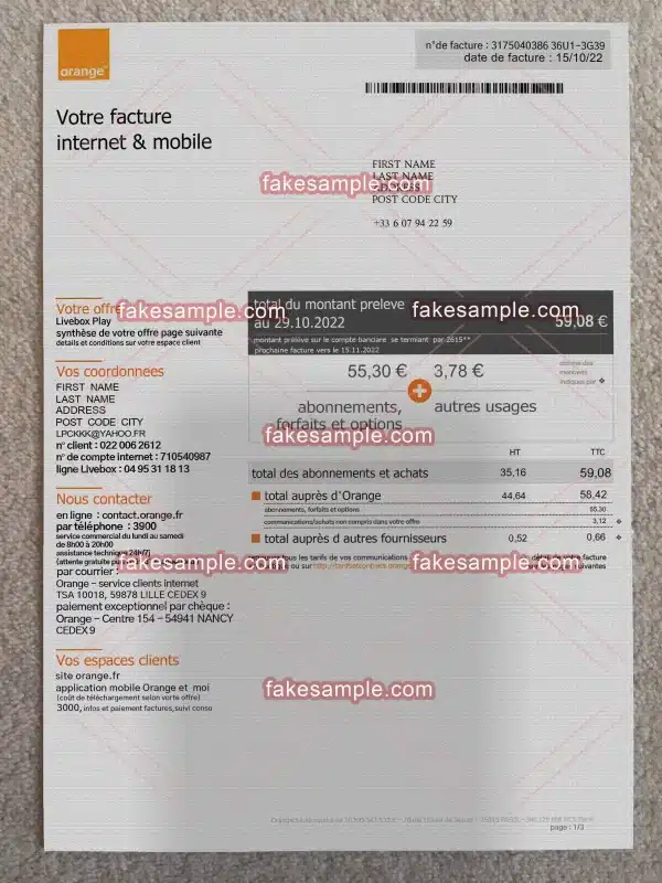 France (Version 1) Proof Address Fake Template