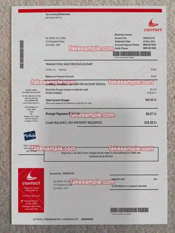 New Zealand (Version 1) Utility Bill Fake Template