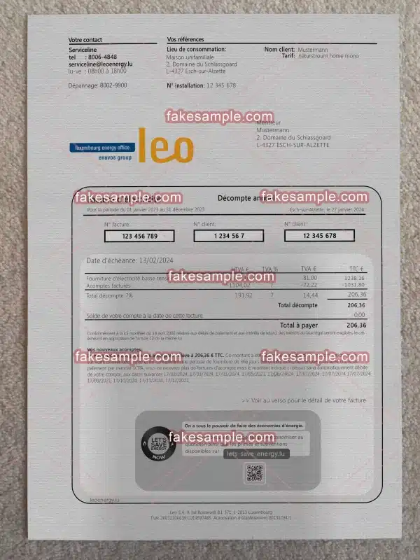 Luxembourg (Version 1) Utility Bill Fake Template