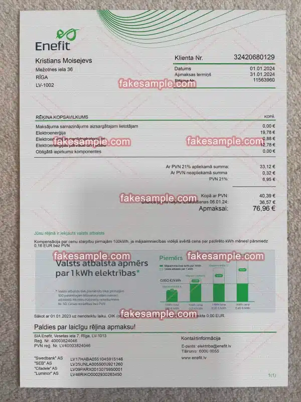 Latvia (Version 1) Utility Bill Fake Template