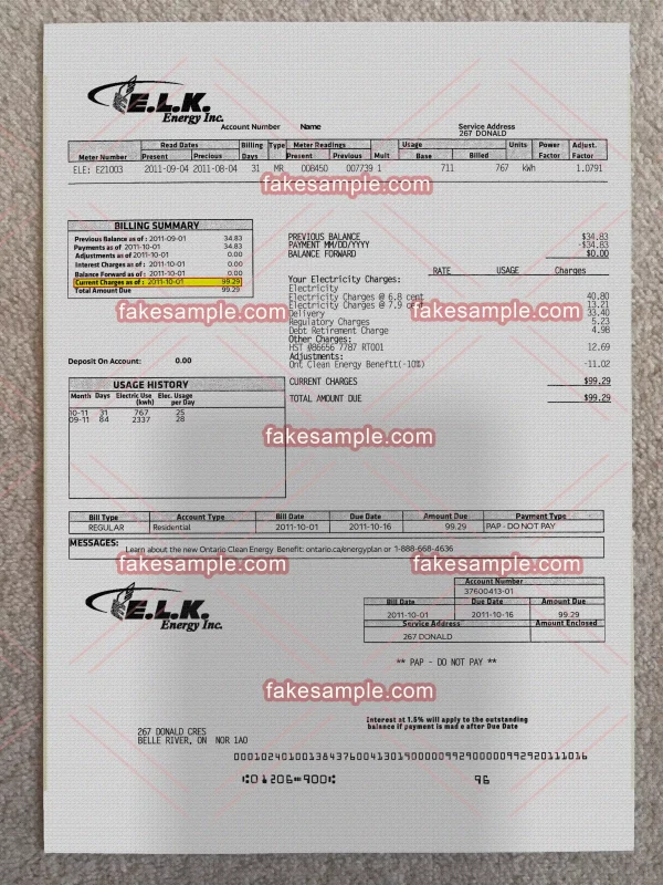 Canada (Version 1) Utility Bill Fake Template